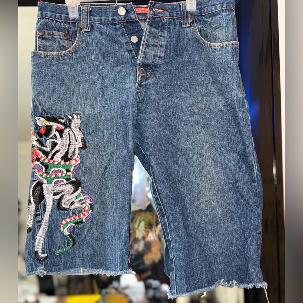 Ed Hardy Embroidered Denim Shorts with Colorful Snake